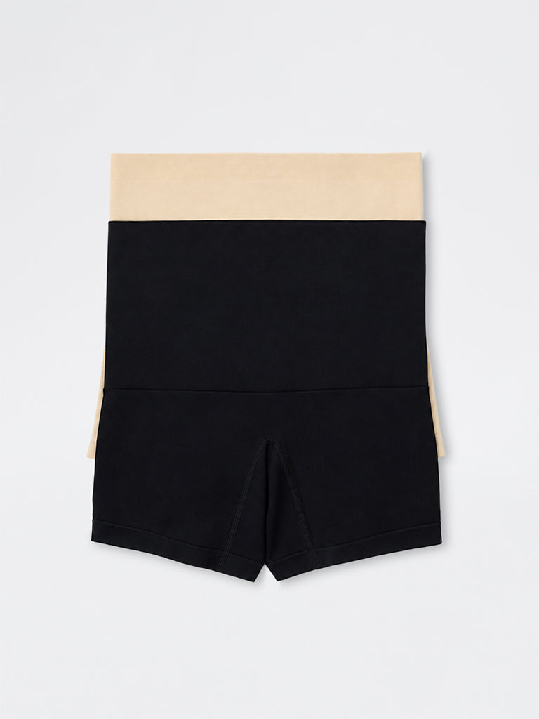 Wunderlove Black Waffle-Textured High-Rise Shapewear Cycling Shorts - Pack of 2