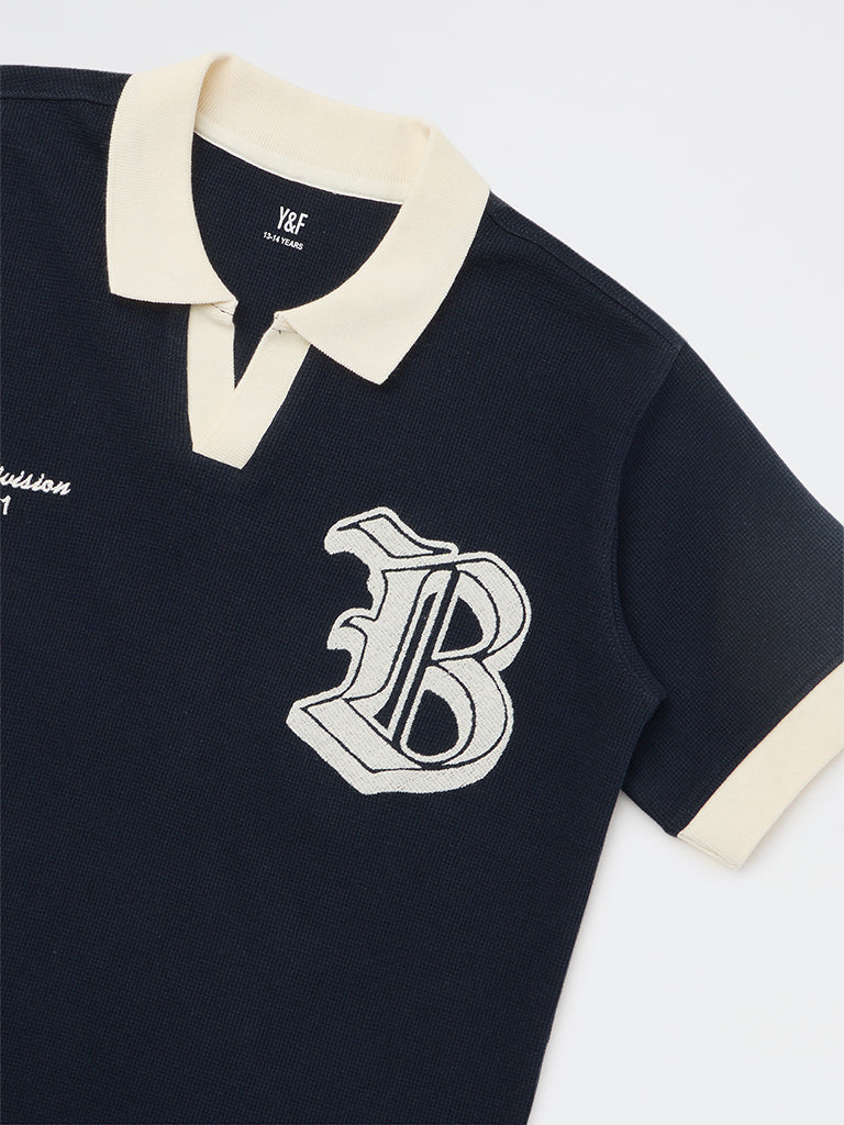 Y&F Kids Boys Navy Text Design Cotton T-Shirt