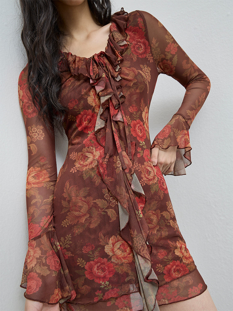 Nuon Brown Floral Detailed Bodycon Mesh Dress