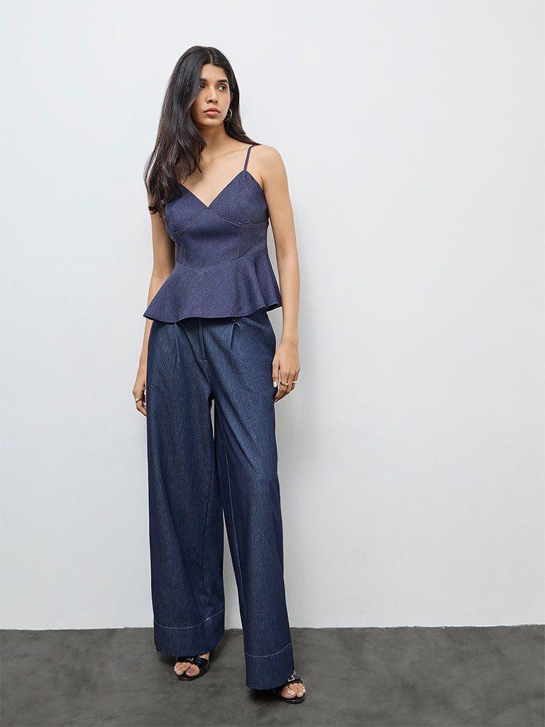 LOV Dark Blue Denim Peplum Top