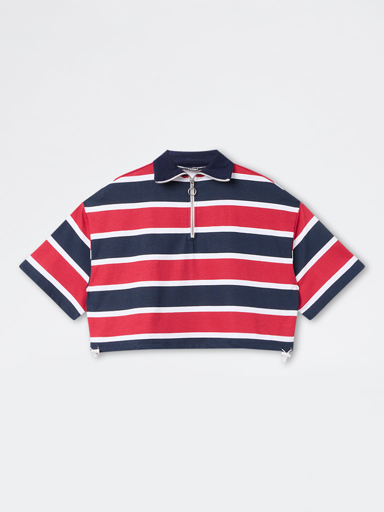 Nuon Red Striped Cotton-Blend Quarter-Zip T-Shirt