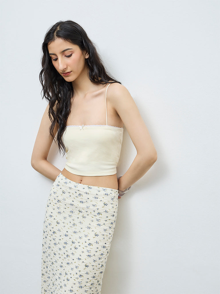 Nuon Yellow Ribbed Lace Cotton-Blend Top
