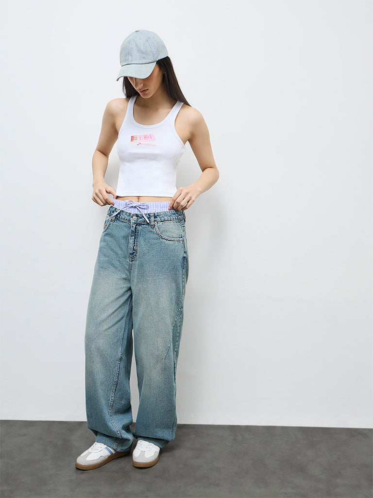 Nuon White Printed Cotton-Blend Tank Top
