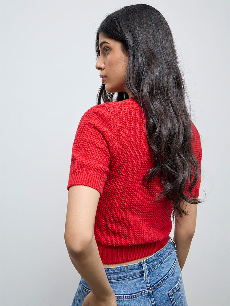 LOV Red Knit-Textured Cardigan