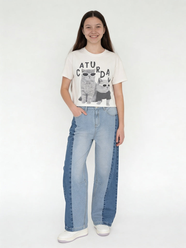 Y&F Kids Girls Blue Colour-Blocked High-Rise Jeans