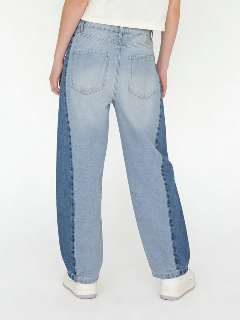 Y&F Kids Girls Blue Colour-Blocked High-Rise Jeans