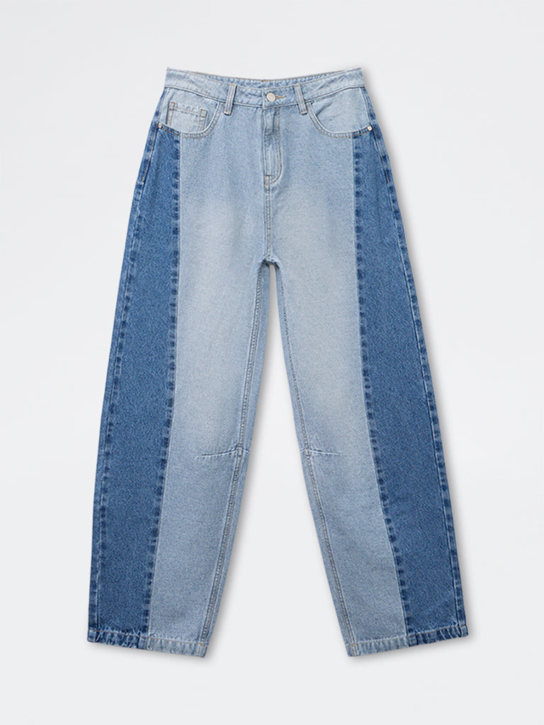 Y&F Kids Girls Blue Colour-Blocked High-Rise Jeans