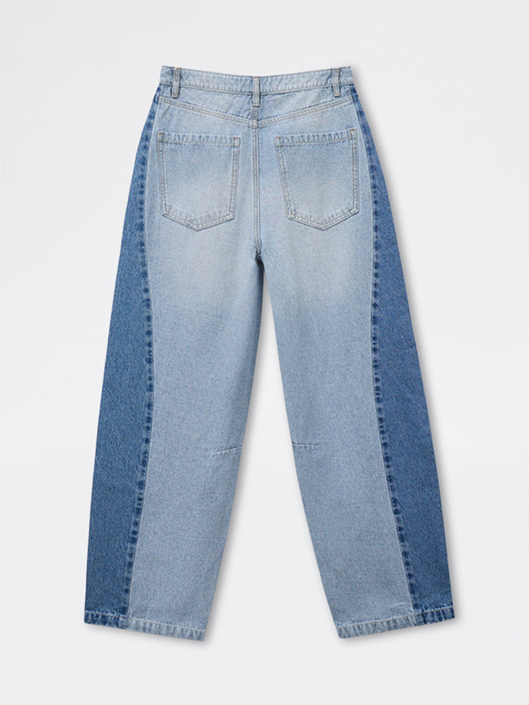 Y&F Kids Girls Blue Colour-Blocked High-Rise Jeans