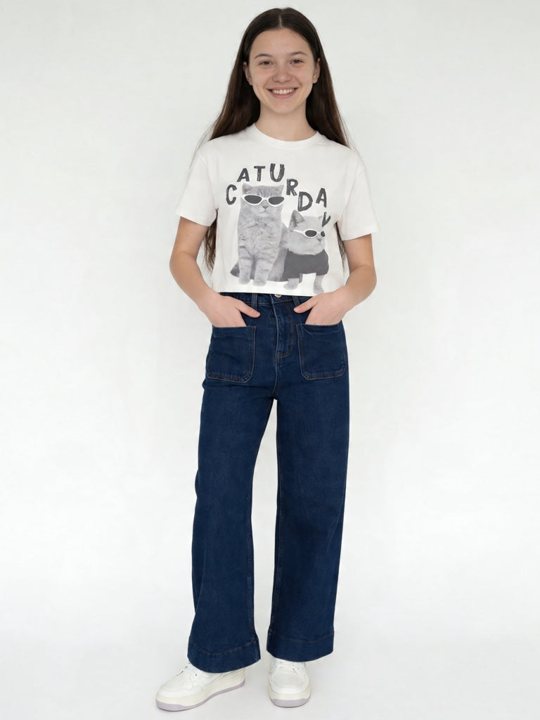 Y&F Kids Girls Dark Blue Wide Leg Jeans