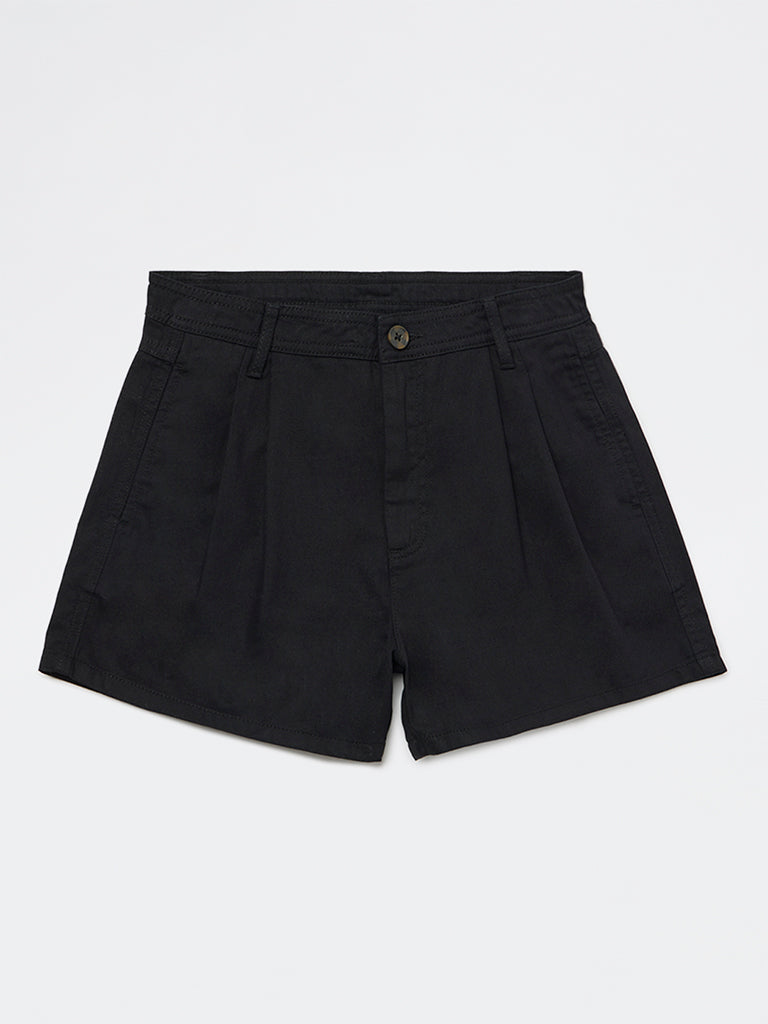 Girls Black High-Rise Cotton Shorts