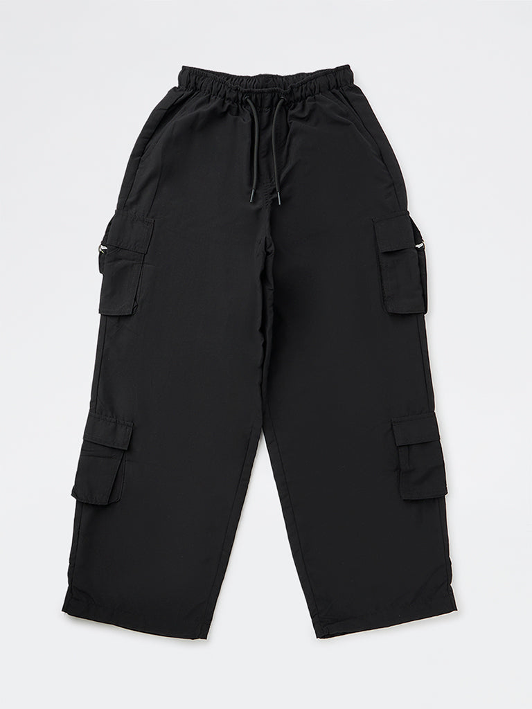 Y&F Kids Girls Black High-Rise Cargo Pants