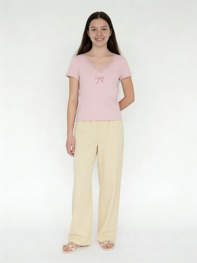 Girls Yellow Solid Waist Wide Leg Trousers