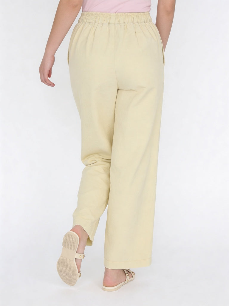 Girls Yellow Solid Waist Wide Leg Trousers