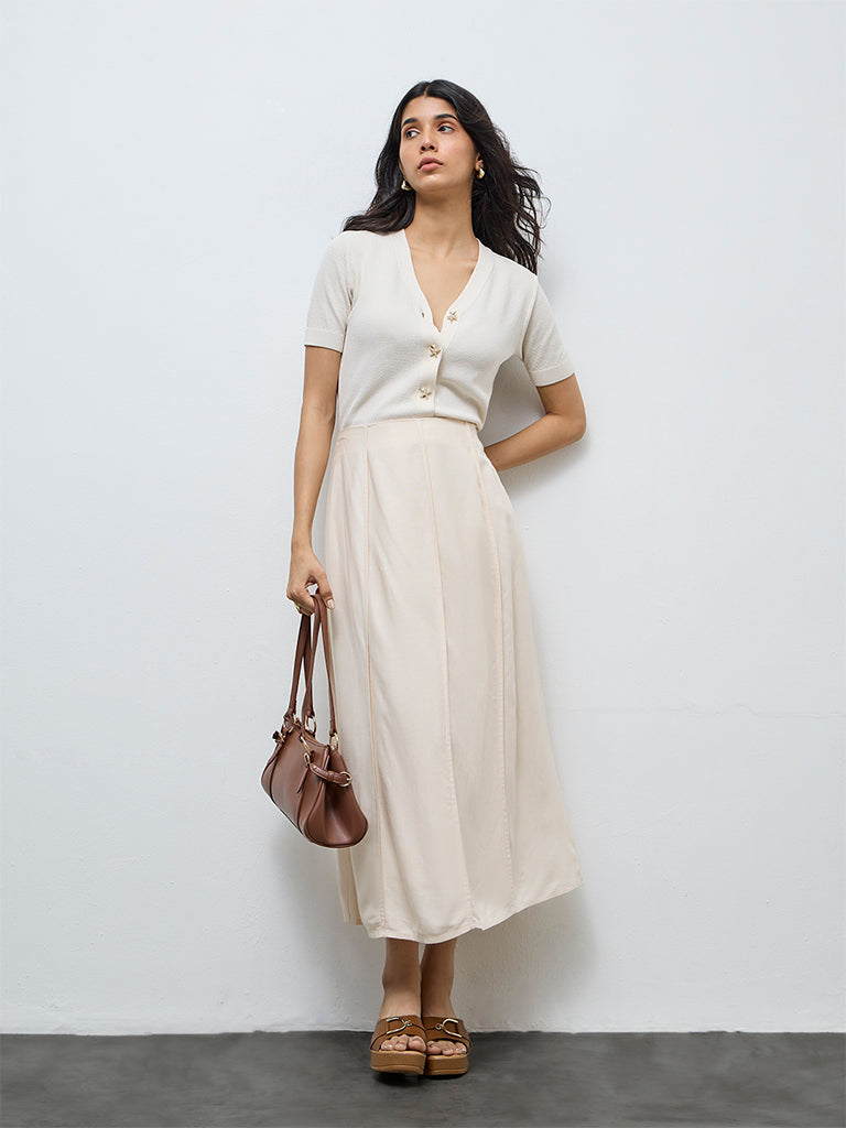 LOV Off-White Solid Linen-Blend Fit-and-Flare Skirt