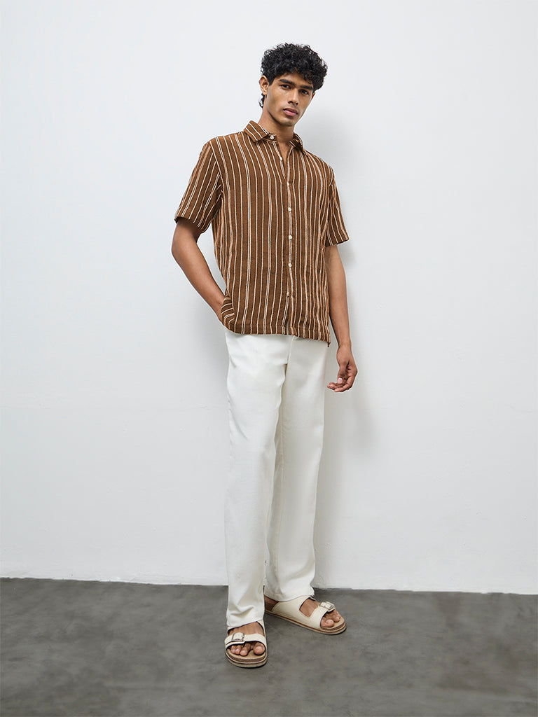 ETA Brown Striped Relaxed-Fit Cotton Shirt