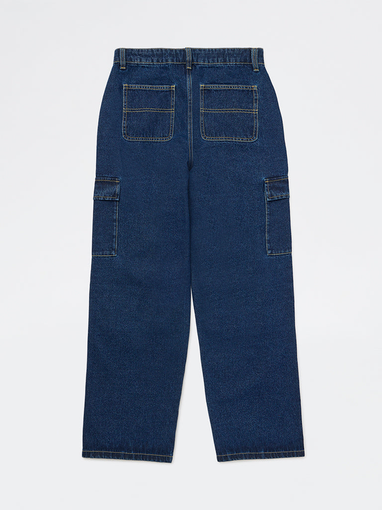 Y&F Kids Boys Blue Mid-Wash Relaxed-Fit Mid-Rise Cotton Jeans