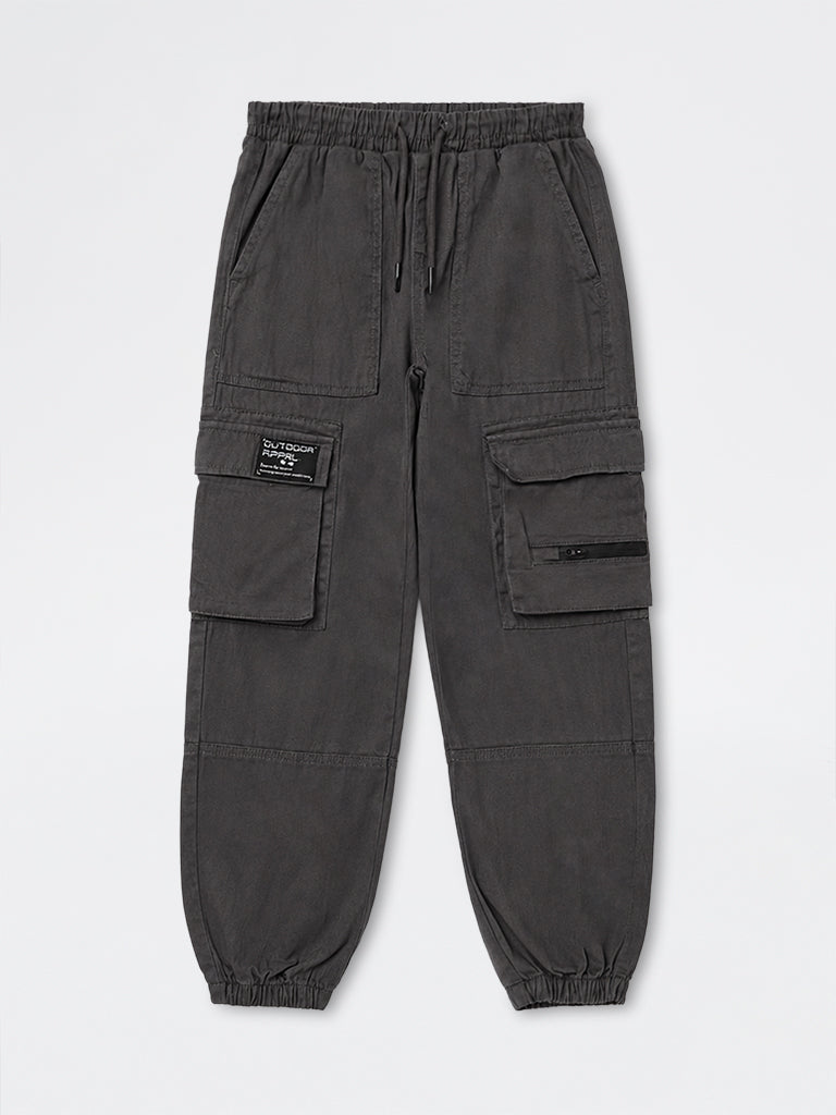 Boys Dark Grey Mid-Rise Cotton-Blend Cargo Joggers
