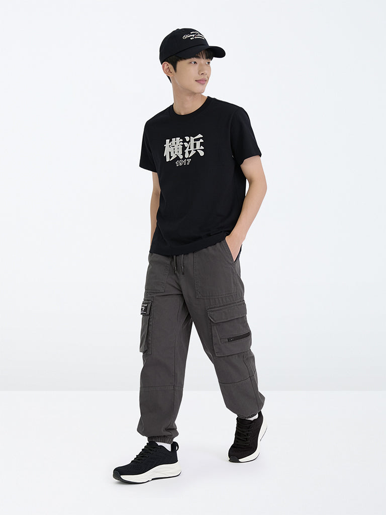 Boys Dark Grey Mid-Rise Cotton-Blend Cargo Joggers