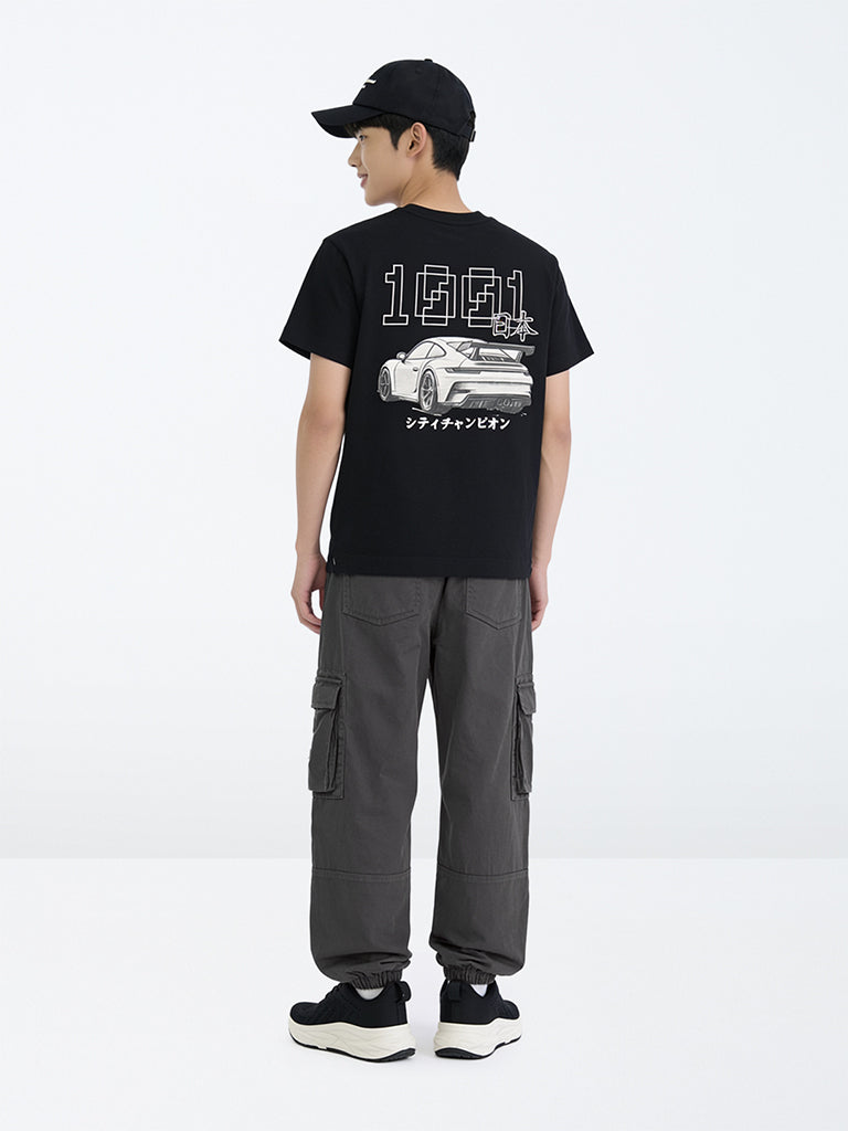 Boys Dark Grey Mid-Rise Cotton-Blend Cargo Joggers