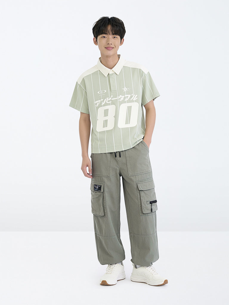 Boys Olive Mid-Rise Cotton-Blend Cargo Joggers