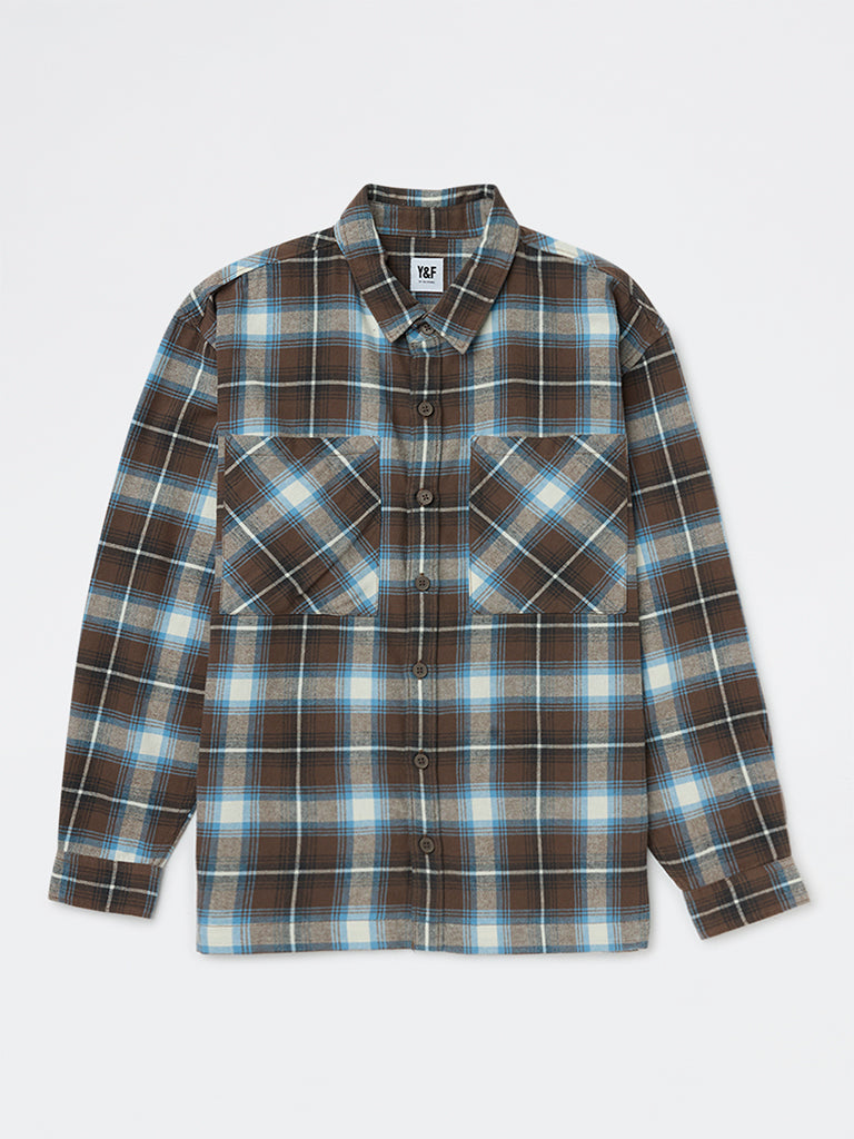 Y&F Kids Boys Dark Brown Check Cotton Shirt