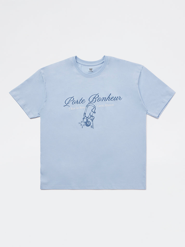 Y&F Kids Girls Light Blue Printed Cotton T-Shirt