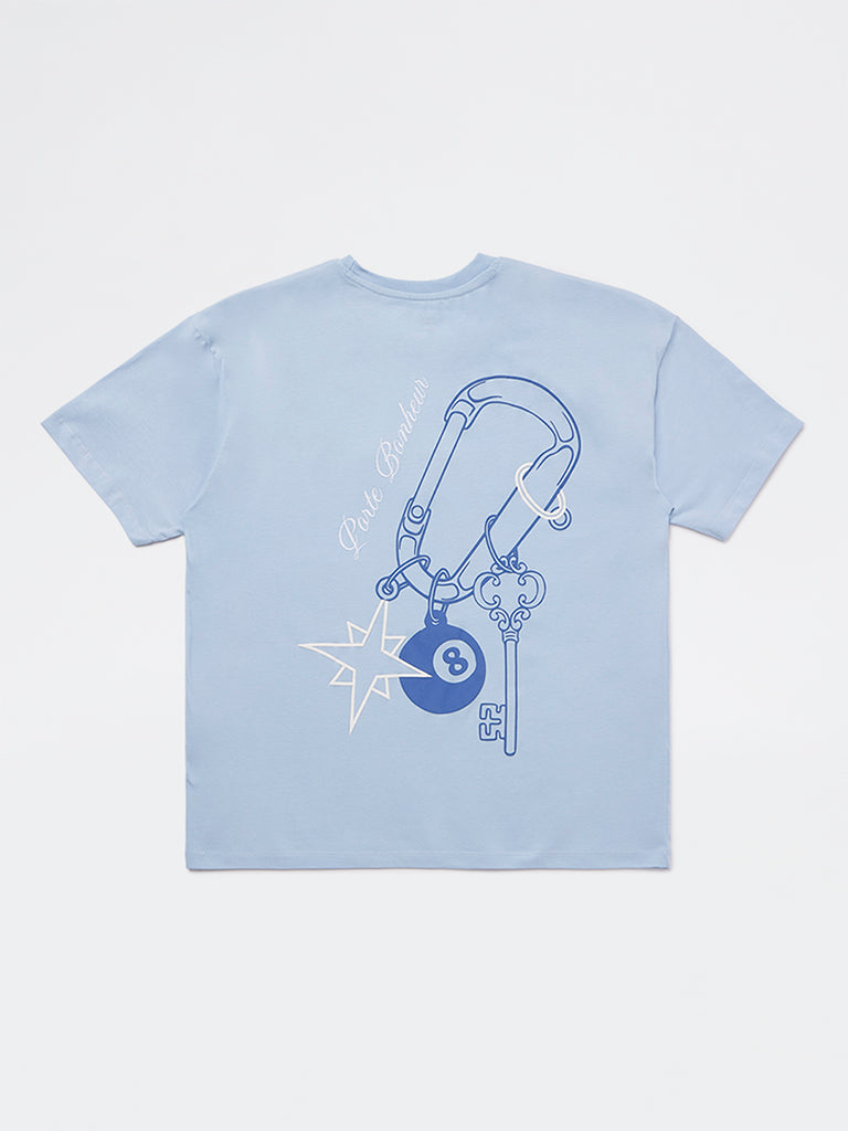 Y&F Kids Girls Light Blue Printed Cotton T-Shirt