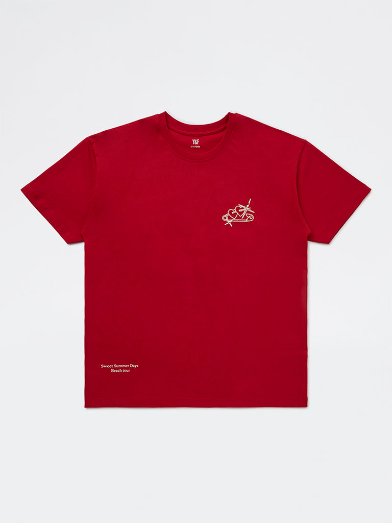 Y&F Kids Girls Red Typographic Cotton T-Shirt