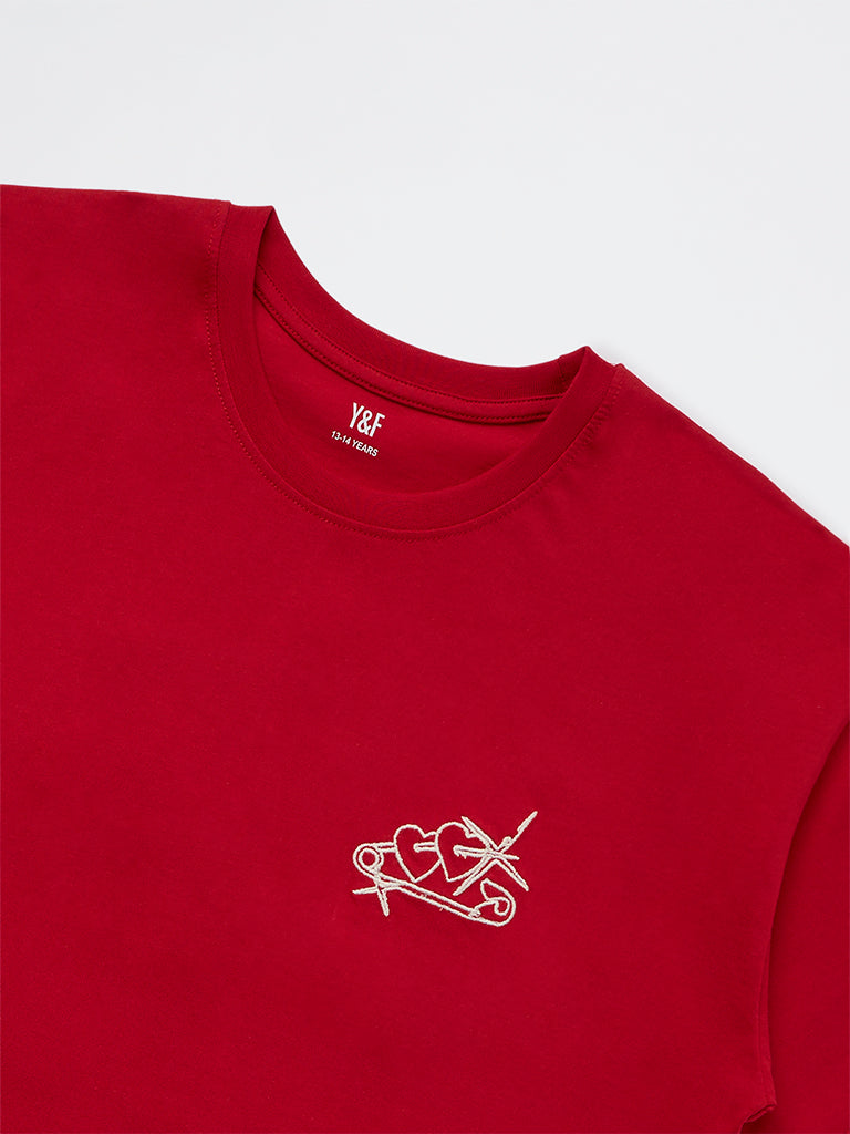 Y&F Kids Girls Red Typographic Cotton T-Shirt