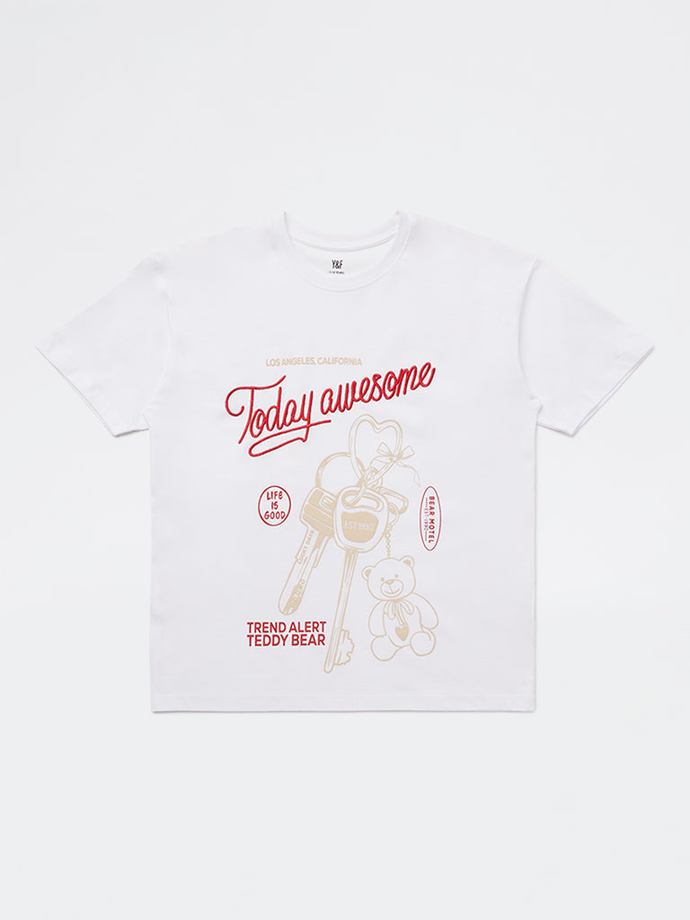 Y&F Kids Girls White Graphic Design Cotton T-Shirt