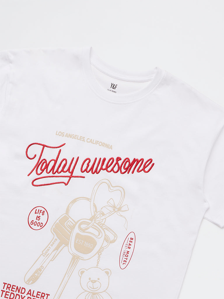 Y&F Kids Girls White Graphic Design Cotton T-Shirt