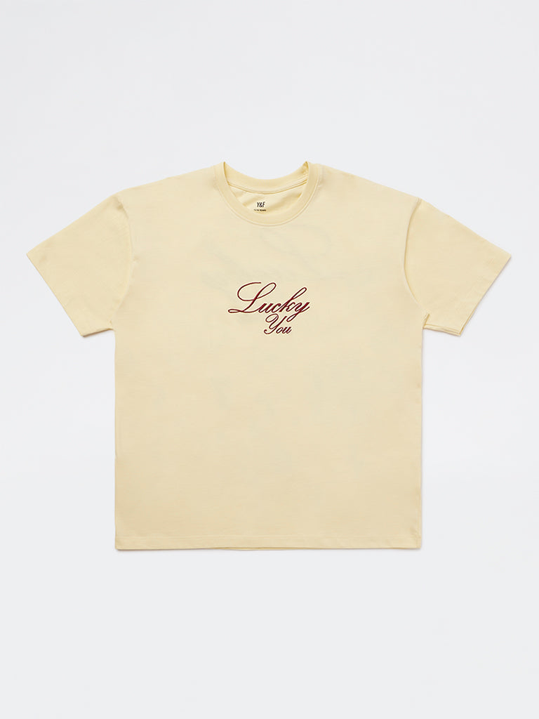 Y&F Kids Girls Light Yellow Graphic Design Cotton T-Shirt