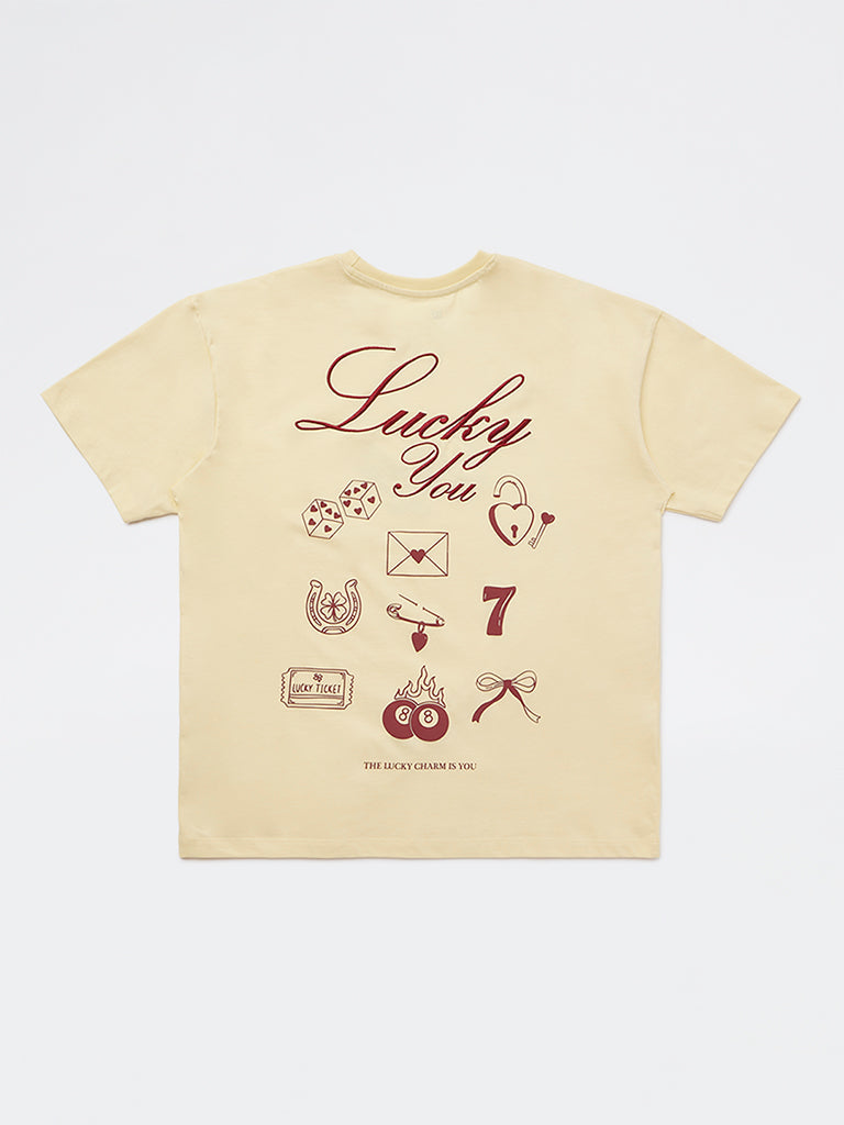 Y&F Kids Girls Light Yellow Graphic Design Cotton T-Shirt