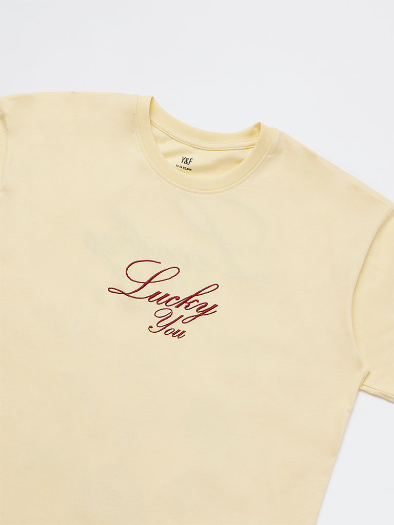 Y&F Kids Girls Light Yellow Graphic Design Cotton T-Shirt