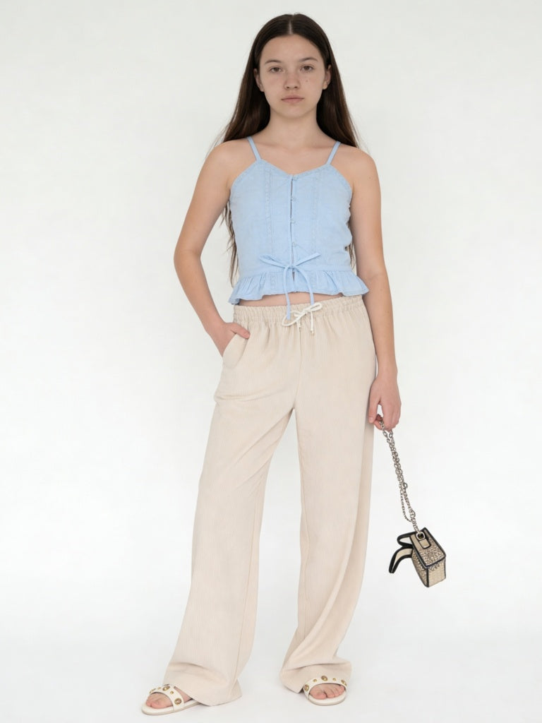 Y&F Kids Girls Beige Striped High-Rise Pants