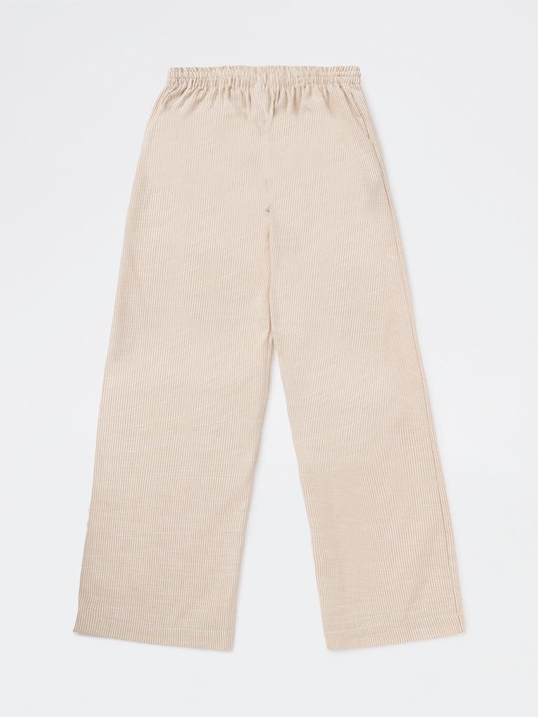 Y&F Kids Girls Beige Striped High-Rise Pants