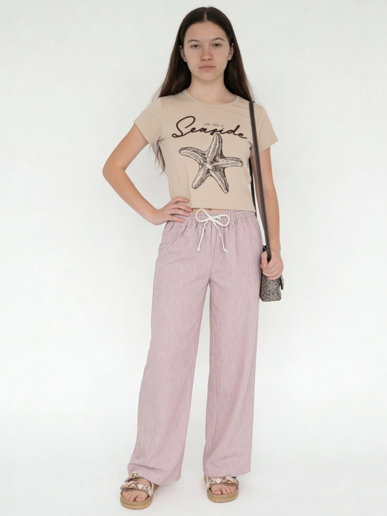 Y&F Kids Girls Wine Striped High-Rise Pants