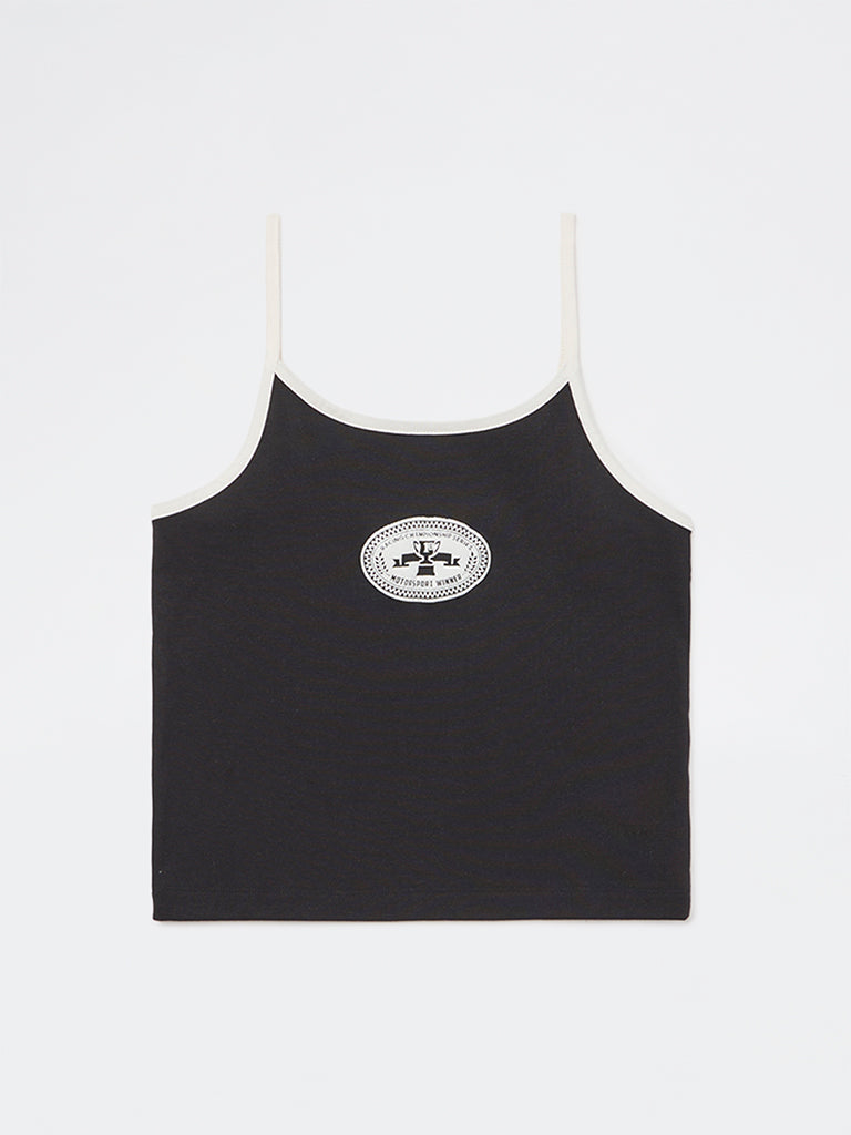 Y&F Kids Girls Black Printed Cotton-Blend Spaghetti Top