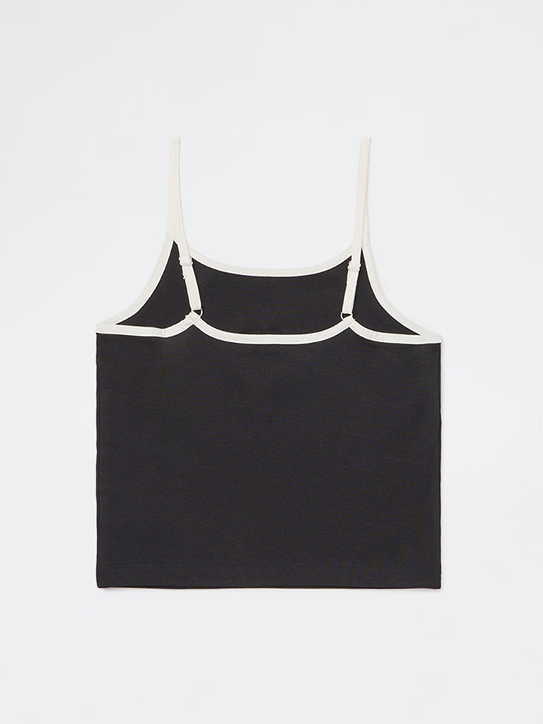 Y&F Kids Girls Black Printed Cotton-Blend Spaghetti Top