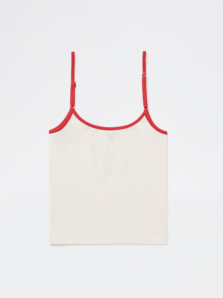 Y&F Kids Girls Off-White Printed Cotton-Blend Spaghetti Top