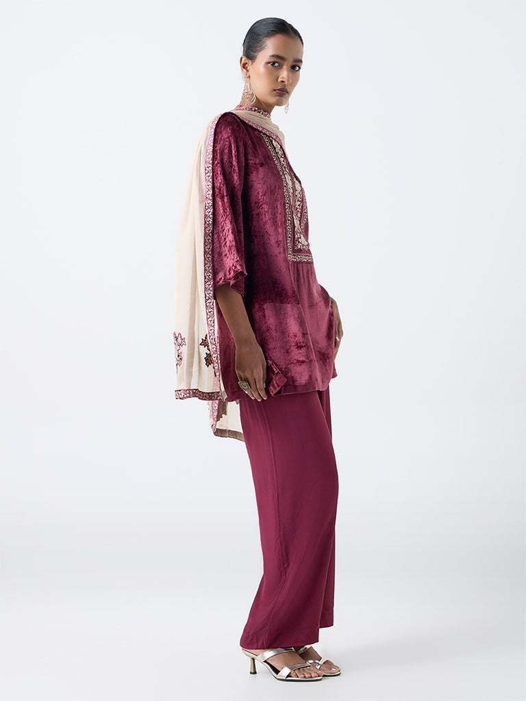 Vark Wine Floral Embroidered Velvet Straight Ethnic Set