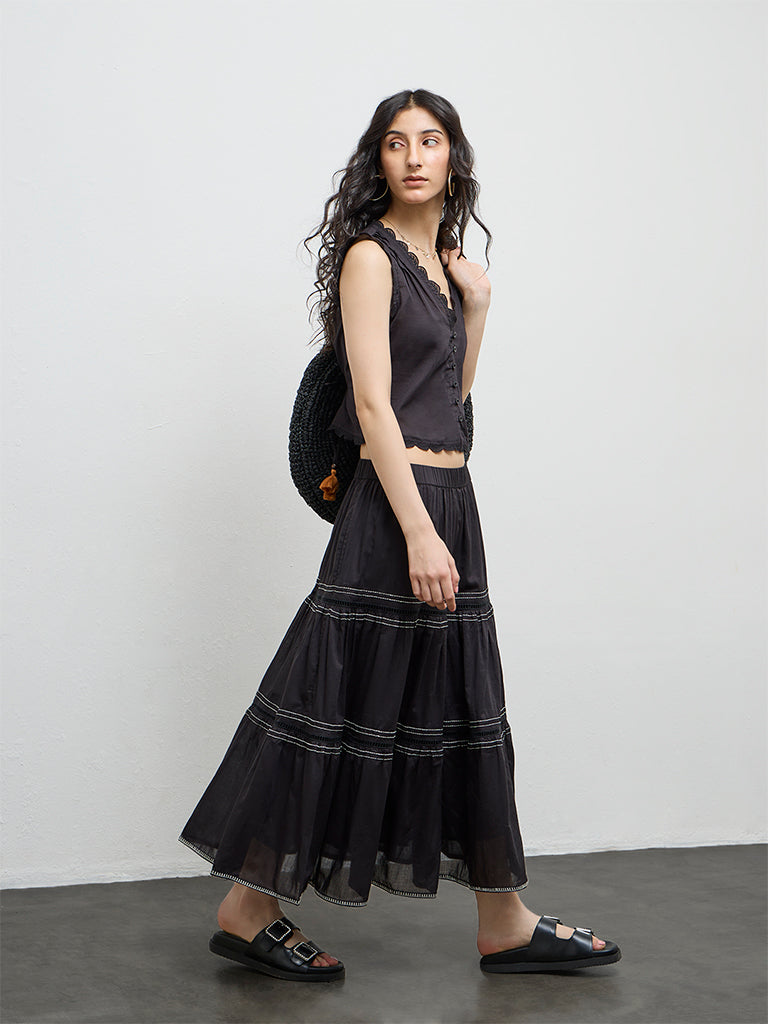 Bombay Paisley Black Cotton Tiered Skirt