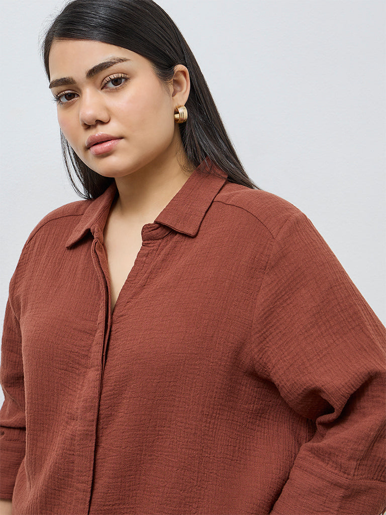 Gia Dark Brown Crinkle-Textured Cotton Blouse