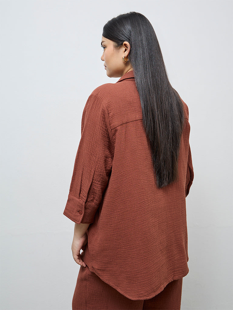 Gia Dark Brown Crinkle-Textured Cotton Blouse