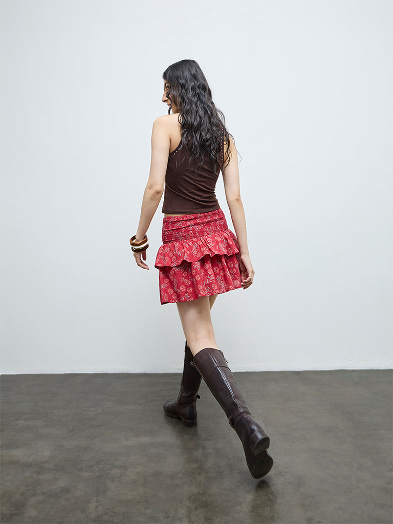 Bombay Paisley Red Floral Cotton Tiered Skirt