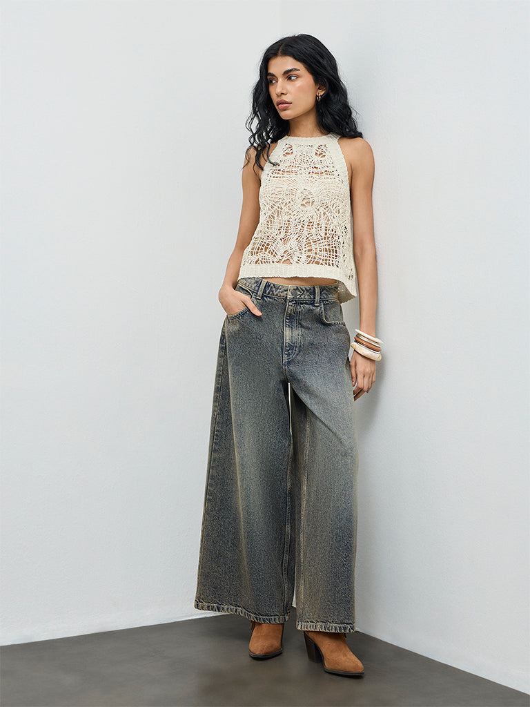 Bombay Paisley Cream Crochet-Knit Top