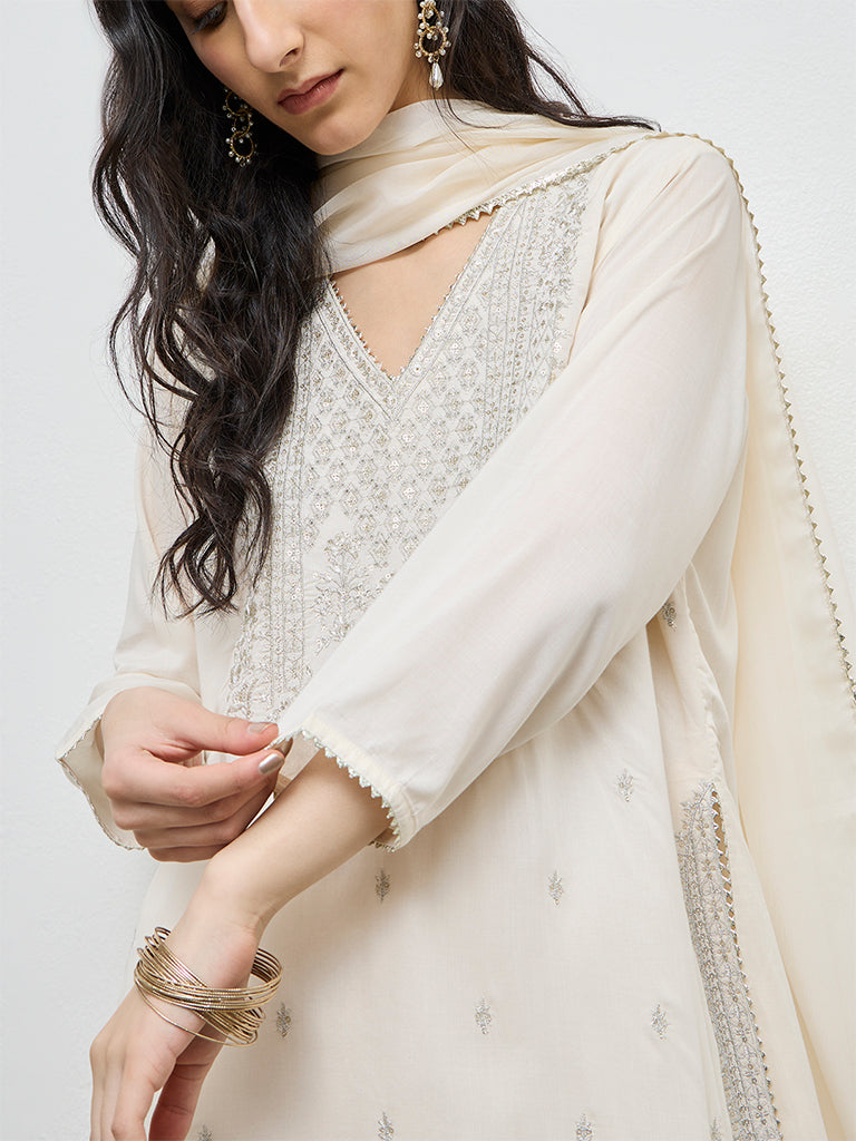Vark Off-White Embroidered A-Line Ethnic Set