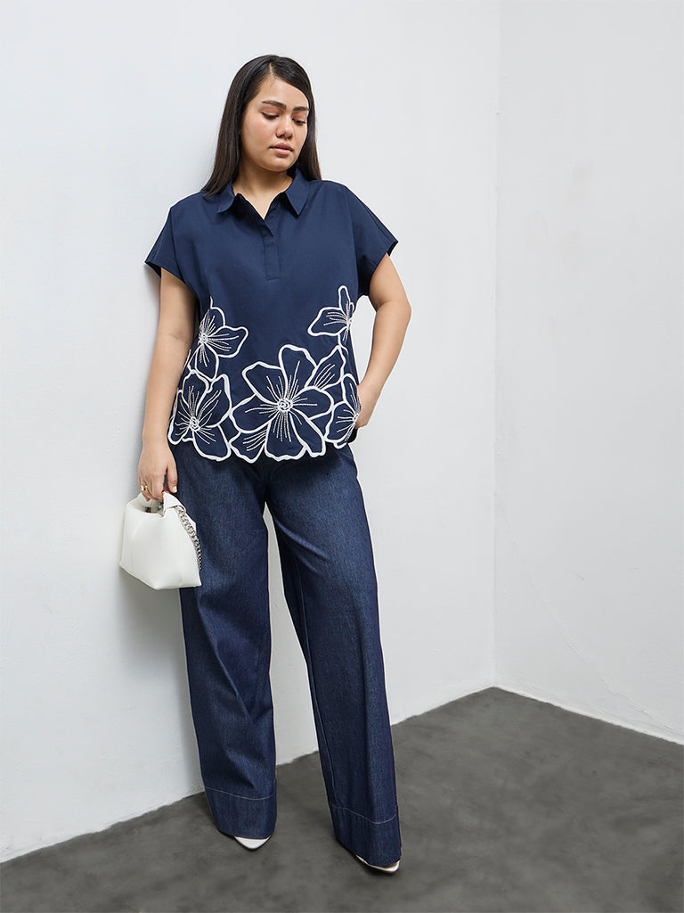 Gia Navy Floral Embroidered Cotton Blouse