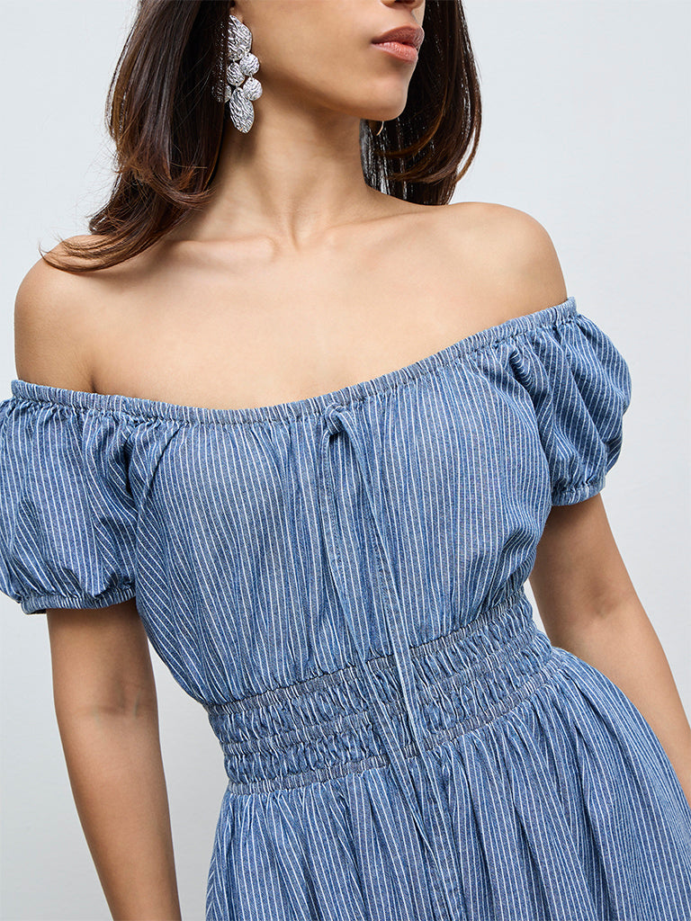 LOV Blue Striped Off-Shoulder Cotton Dress
