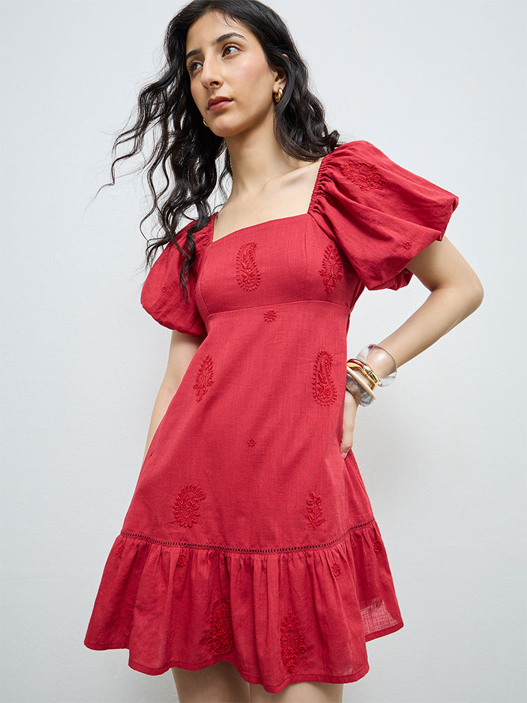 Bombay Paisley Red Paisley Embroidered Cotton A-Line Dress